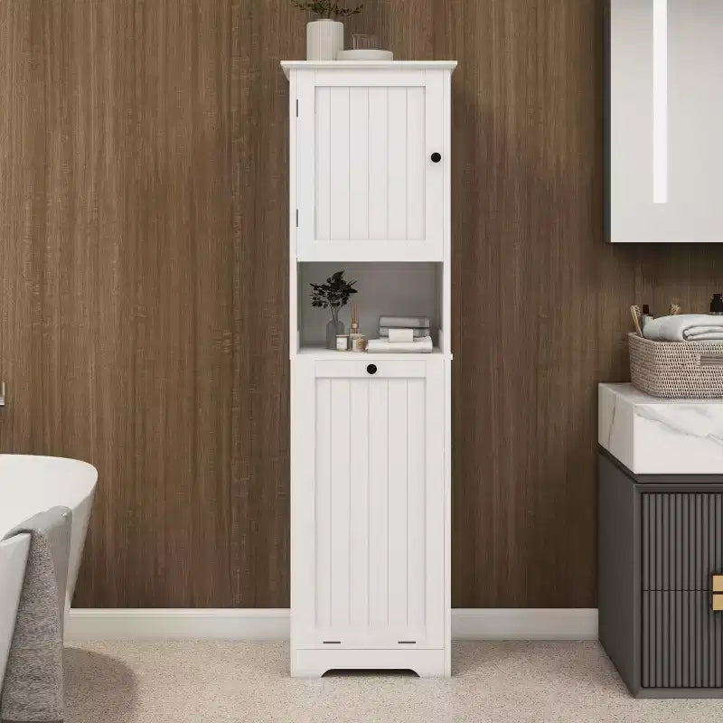 Mobile Lavanderia Inclinabile, Mobile Lavanderia Nascosto con Scomparto e Ripiano Inferiore Inclinabile, Organizer Alto da Bagno Bianco