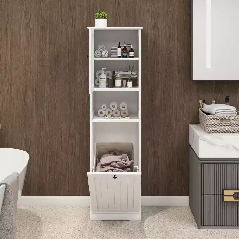 Mobile Lavanderia Inclinabile, Mobile Lavanderia Nascosto con Scomparto e Ripiano Inferiore Inclinabile, Organizer Alto da Bagno Bianco