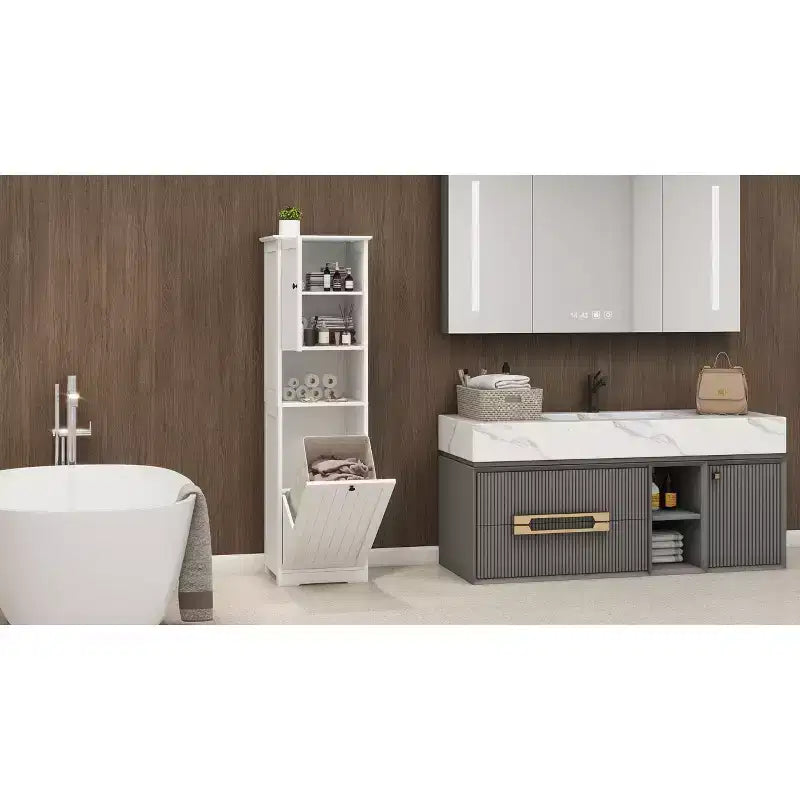 Mobile Lavanderia Inclinabile, Mobile Lavanderia Nascosto con Scomparto e Ripiano Inferiore Inclinabile, Organizer Alto da Bagno Bianco