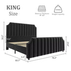 COZONY King Size Bed Frame w/ Velvet Upholstered Headboard, Rivet Decor, Strong Wood Slats, No Box Spring Needed, Easy Assembly