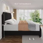 COZONY King Size Bed Frame w/ Velvet Upholstered Headboard, Rivet Decor, Strong Wood Slats, No Box Spring Needed, Easy Assembly