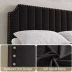 COZONY King Size Bed Frame w/ Velvet Upholstered Headboard, Rivet Decor, Strong Wood Slats, No Box Spring Needed, Easy Assembly