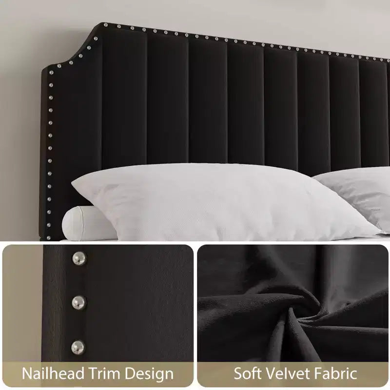 COZONY King Size Bed Frame w/ Velvet Upholstered Headboard, Rivet Decor, Strong Wood Slats, No Box Spring Needed, Easy Assembly