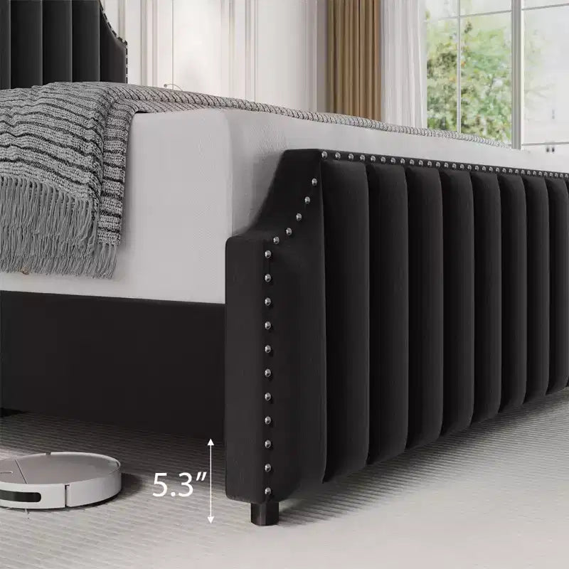 COZONY King Size Bed Frame w/ Velvet Upholstered Headboard, Rivet Decor, Strong Wood Slats, No Box Spring Needed, Easy Assembly