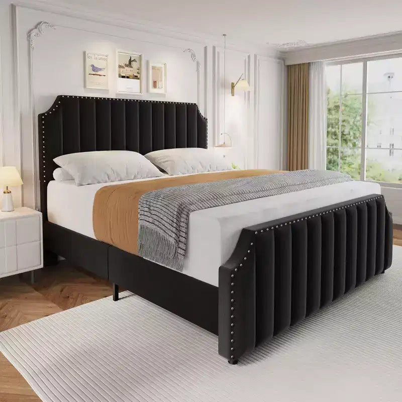 COZONY King Size Bed Frame w/ Velvet Upholstered Headboard, Rivet Decor, Strong Wood Slats, No Box Spring Needed, Easy Assembly