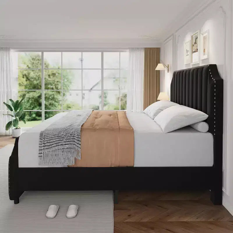 COZONY King Size Bed Frame w/ Velvet Upholstered Headboard, Rivet Decor, Strong Wood Slats, No Box Spring Needed, Easy Assembly