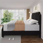 COZONY King Size Bed Frame w/ Velvet Upholstered Headboard, Rivet Decor, Strong Wood Slats, No Box Spring Needed, Easy Assembly