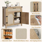 Rattan-Accent Sideboard  Natural Wood Buffet Cabinet with Drawer & Adjustable Shelves for Dining/Living Room/Kitchen