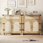 Rattan-Accent Sideboard  Natural Wood Buffet Cabinet with Drawer & Adjustable Shelves for Dining/Living Room/Kitchen
