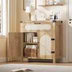 Rattan-Accent Sideboard  Natural Wood Buffet Cabinet with Drawer & Adjustable Shelves for Dining/Living Room/Kitchen
