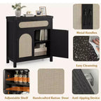 Rattan-Accent Sideboard  Natural Wood Buffet Cabinet with Drawer & Adjustable Shelves for Dining/Living Room/Kitchen