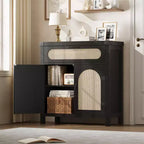Rattan-Accent Sideboard  Natural Wood Buffet Cabinet with Drawer & Adjustable Shelves for Dining/Living Room/Kitchen