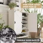 Shoe Storage Cabinet With Doors, Farmhouse 6-Tier Entryway Shoe Rack With Adjustable Shelves And Open Storage, Slim Shoes Organizer White