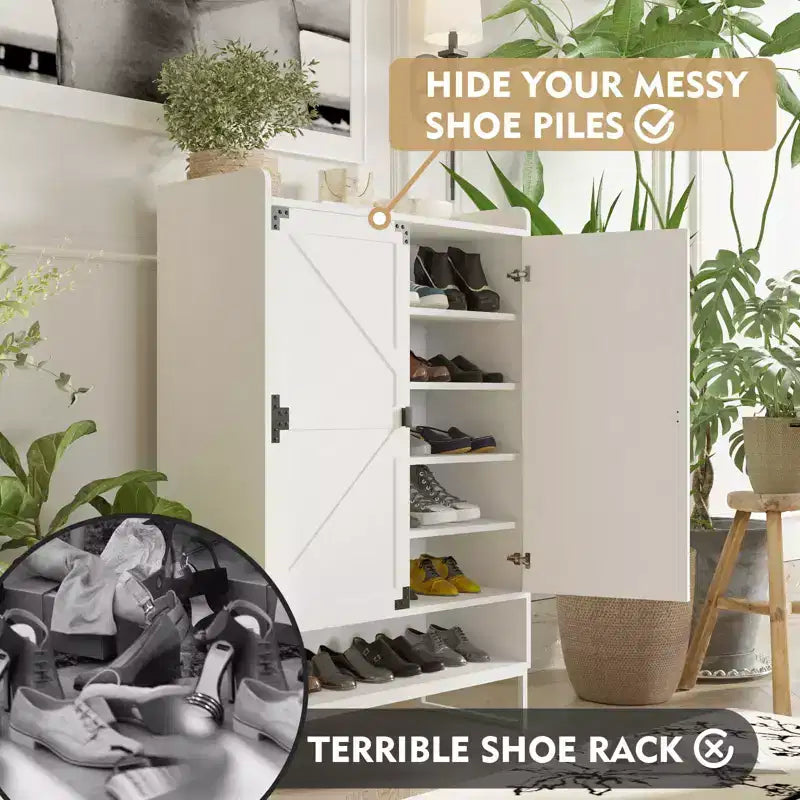 Shoe Storage Cabinet With Doors, Farmhouse 6-Tier Entryway Shoe Rack With Adjustable Shelves And Open Storage, Slim Shoes Organizer White