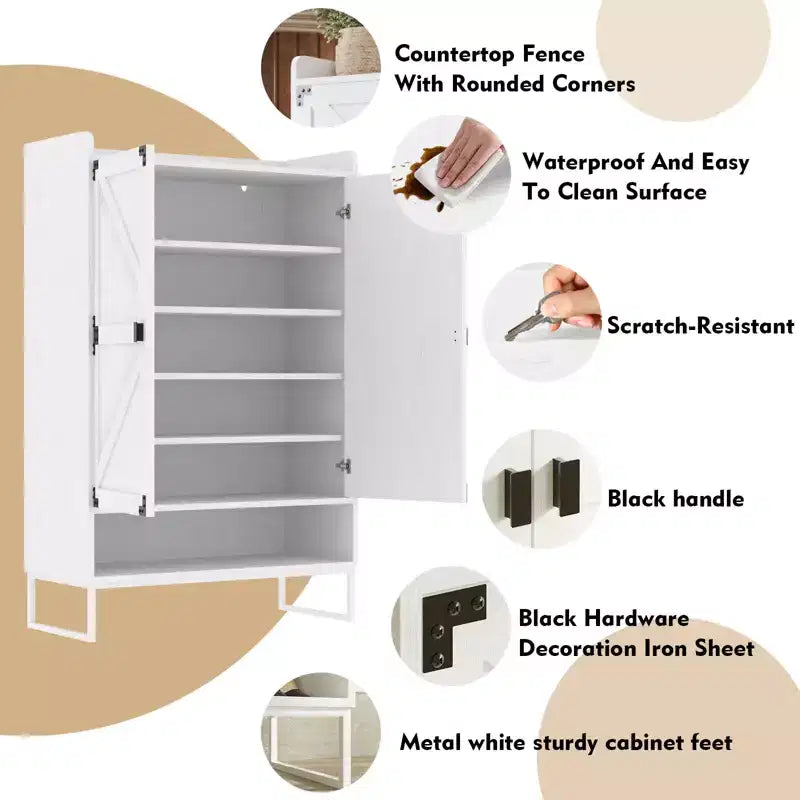 Shoe Storage Cabinet With Doors, Farmhouse 6-Tier Entryway Shoe Rack With Adjustable Shelves And Open Storage, Slim Shoes Organizer White