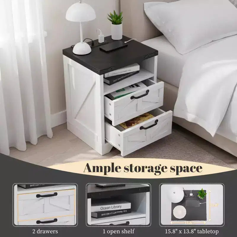 Farmhouse Nightstand -Night Stand White, Bed Side Tables Bedroom , Industrial White End Table, Sturdy Engineered Wood
