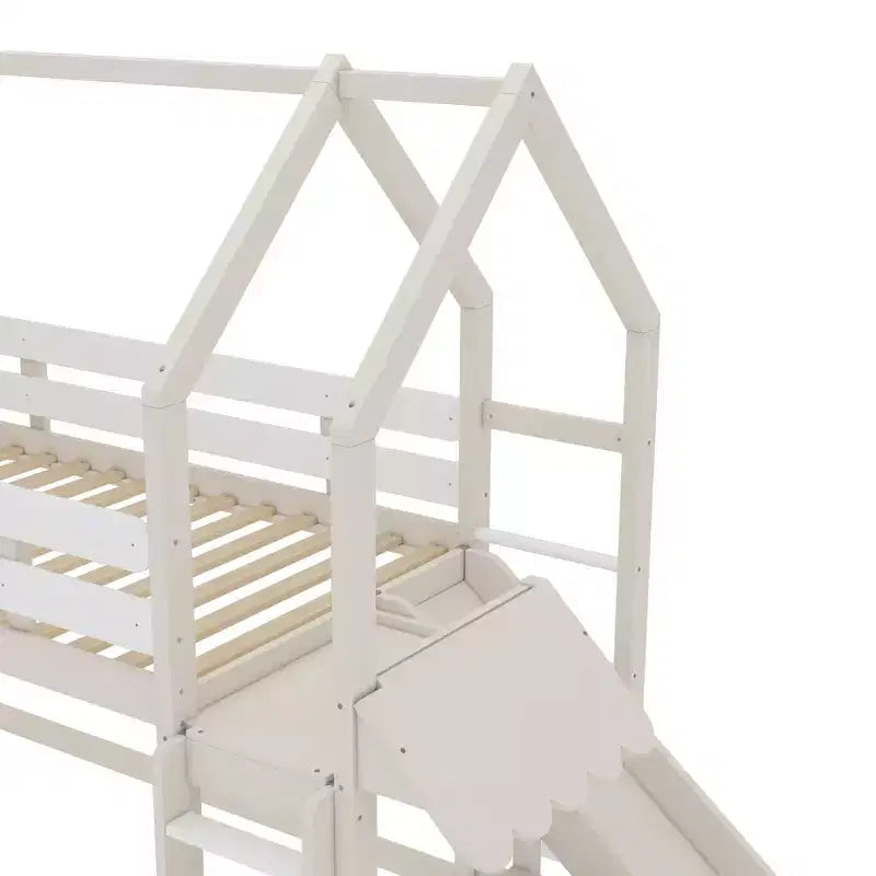 Bellemave House Loft Bed with Bookshelf and Slide,Solid Wood House Loft Bed Frame with Safety Rails and Playful Design for Kids