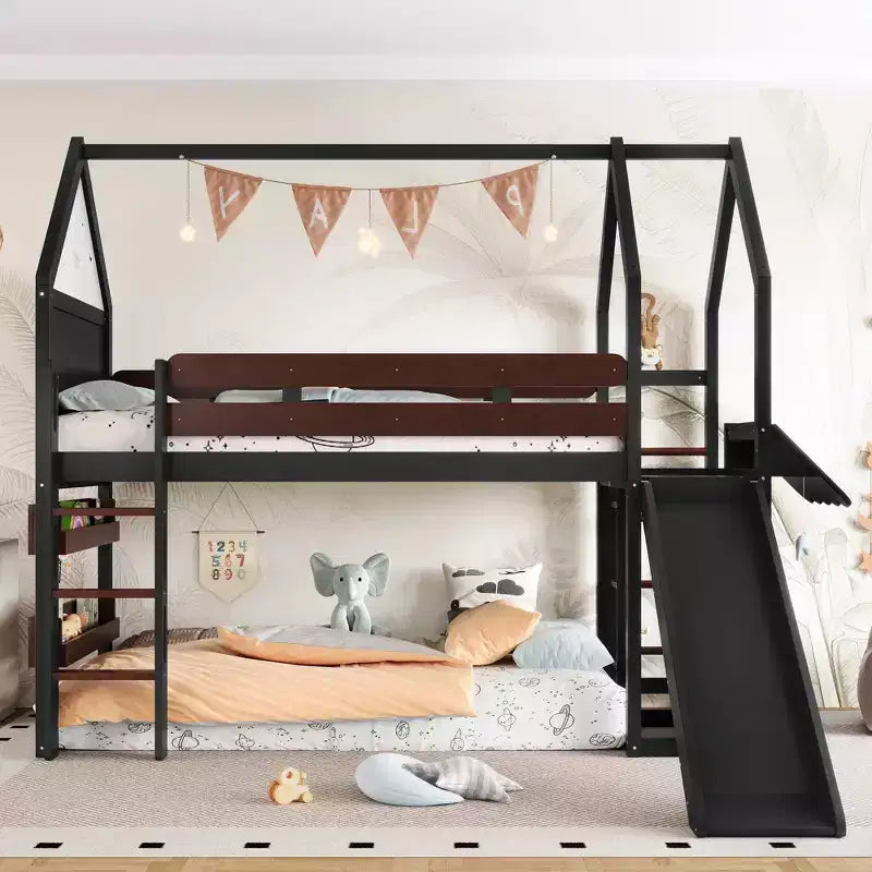 Bellemave House Loft Bed with Bookshelf and Slide,Solid Wood House Loft Bed Frame with Safety Rails and Playful Design for Kids