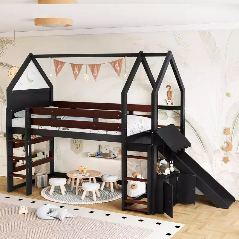 Bellemave House Loft Bed with Bookshelf and Slide,Solid Wood House Loft Bed Frame with Safety Rails and Playful Design for Kids