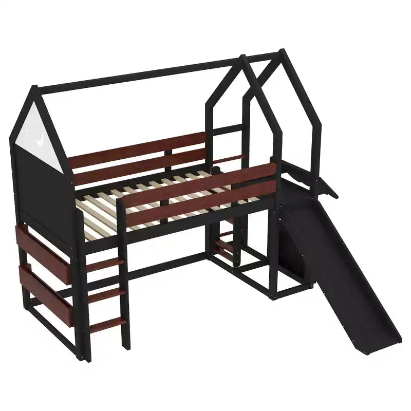 Bellemave House Loft Bed with Bookshelf and Slide,Solid Wood House Loft Bed Frame with Safety Rails and Playful Design for Kids