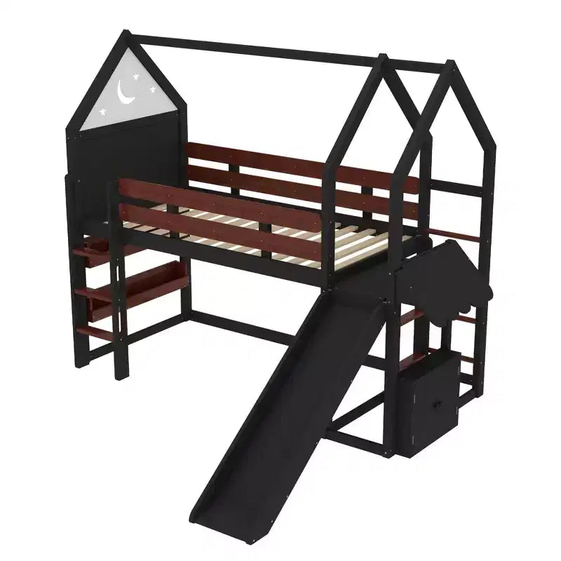 Bellemave House Loft Bed with Bookshelf and Slide,Solid Wood House Loft Bed Frame with Safety Rails and Playful Design for Kids