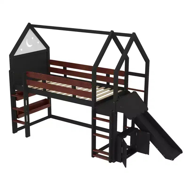 Bellemave House Loft Bed with Bookshelf and Slide,Solid Wood House Loft Bed Frame with Safety Rails and Playful Design for Kids