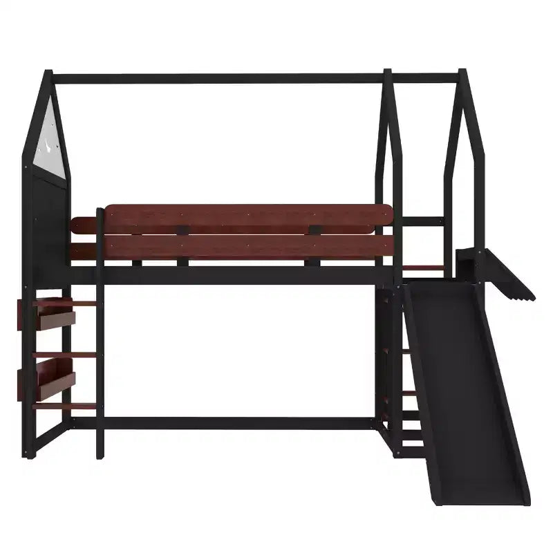 Bellemave House Loft Bed with Bookshelf and Slide,Solid Wood House Loft Bed Frame with Safety Rails and Playful Design for Kids