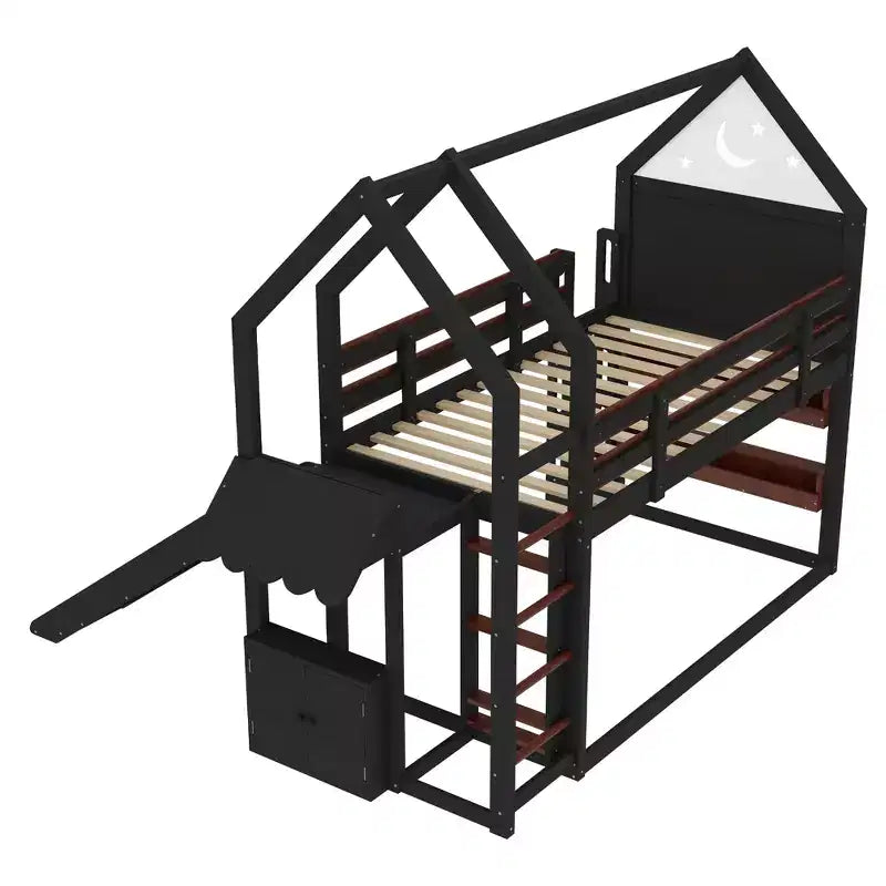 Bellemave House Loft Bed with Bookshelf and Slide,Solid Wood House Loft Bed Frame with Safety Rails and Playful Design for Kids