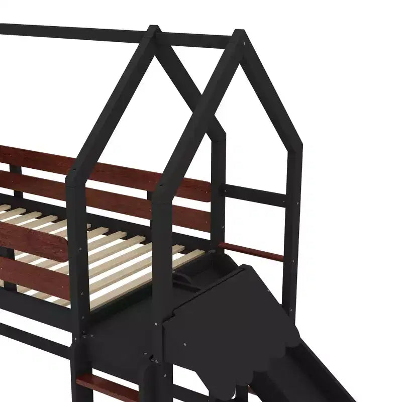 Bellemave House Loft Bed with Bookshelf and Slide,Solid Wood House Loft Bed Frame with Safety Rails and Playful Design for Kids