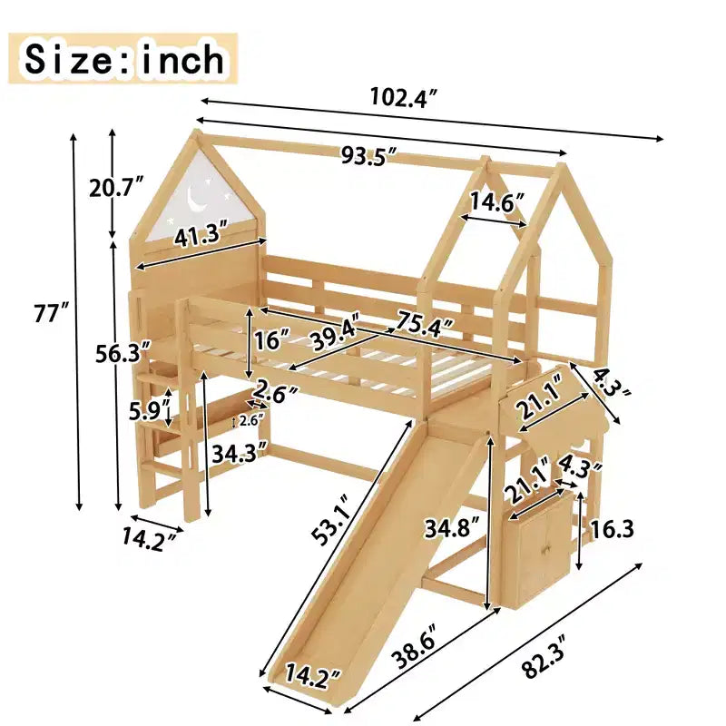 Bellemave House Loft Bed with Bookshelf and Slide,Solid Wood House Loft Bed Frame with Safety Rails and Playful Design for Kids
