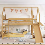 Bellemave House Loft Bed with Bookshelf and Slide,Solid Wood House Loft Bed Frame with Safety Rails and Playful Design for Kids
