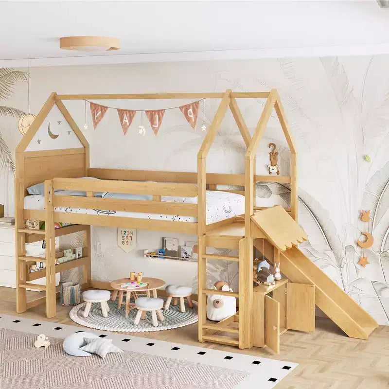 Bellemave House Loft Bed with Bookshelf and Slide,Solid Wood House Loft Bed Frame with Safety Rails and Playful Design for Kids
