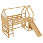 Bellemave House Loft Bed with Bookshelf and Slide,Solid Wood House Loft Bed Frame with Safety Rails and Playful Design for Kids