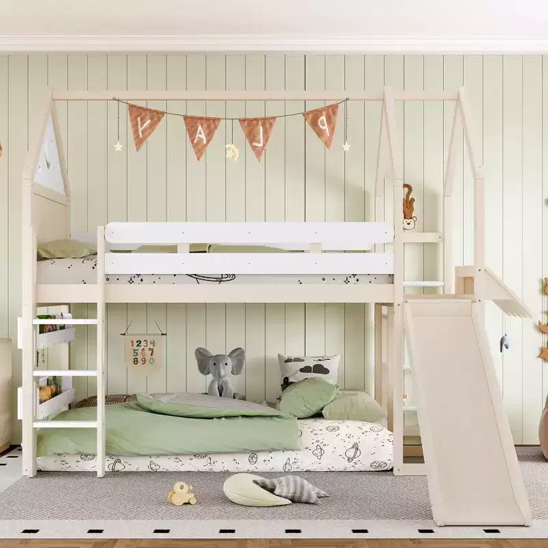 Bellemave House Loft Bed with Bookshelf and Slide,Solid Wood House Loft Bed Frame with Safety Rails and Playful Design for Kids