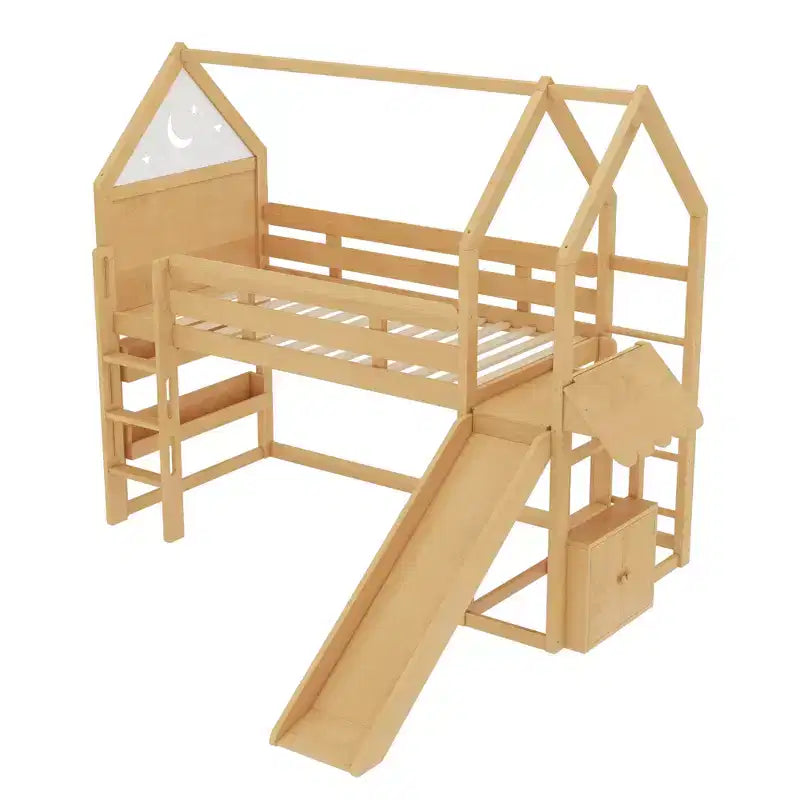 Bellemave House Loft Bed with Bookshelf and Slide,Solid Wood House Loft Bed Frame with Safety Rails and Playful Design for Kids