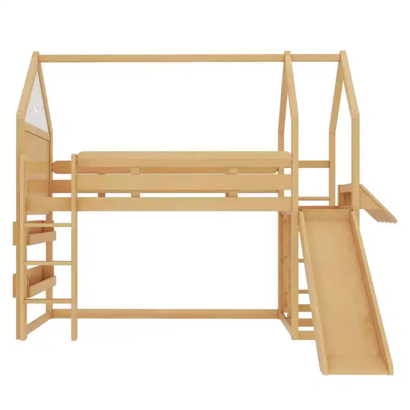 Bellemave House Loft Bed with Bookshelf and Slide,Solid Wood House Loft Bed Frame with Safety Rails and Playful Design for Kids