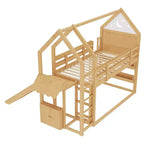 Bellemave House Loft Bed with Bookshelf and Slide,Solid Wood House Loft Bed Frame with Safety Rails and Playful Design for Kids