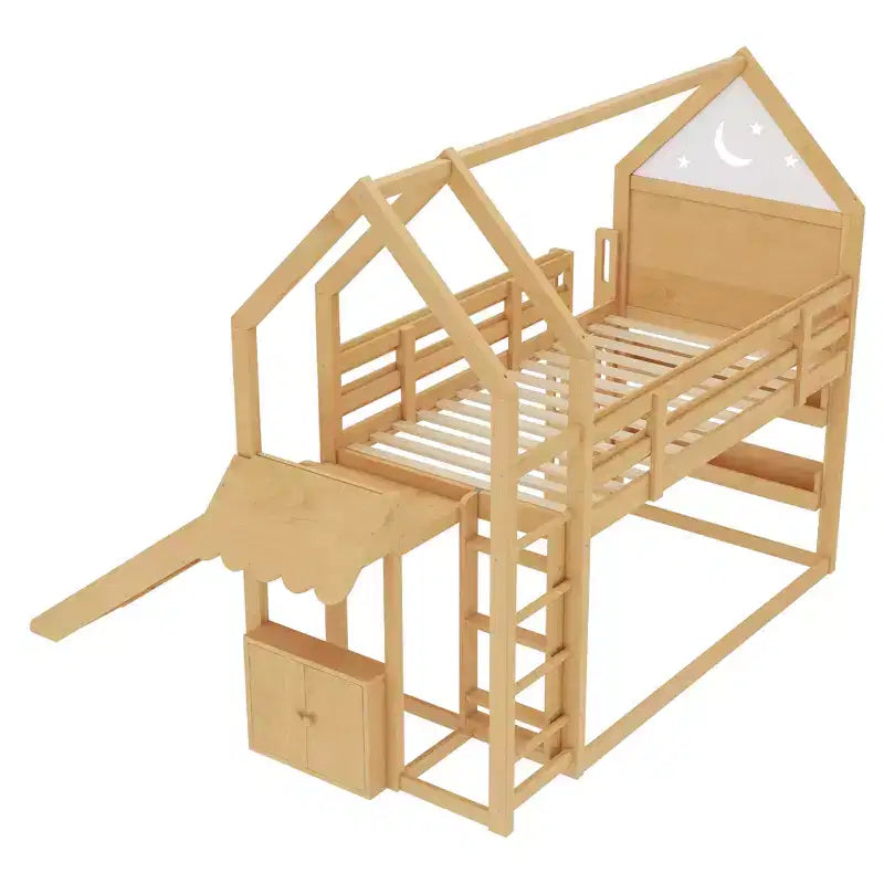 Bellemave House Loft Bed with Bookshelf and Slide,Solid Wood House Loft Bed Frame with Safety Rails and Playful Design for Kids