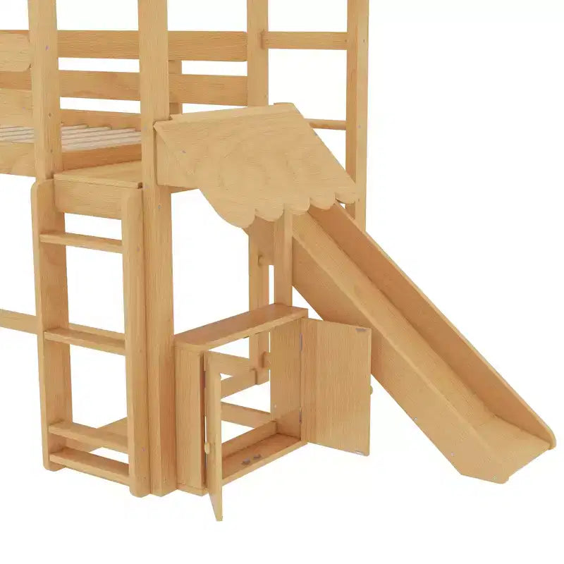 Bellemave House Loft Bed with Bookshelf and Slide,Solid Wood House Loft Bed Frame with Safety Rails and Playful Design for Kids