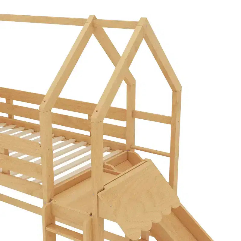 Bellemave House Loft Bed with Bookshelf and Slide,Solid Wood House Loft Bed Frame with Safety Rails and Playful Design for Kids