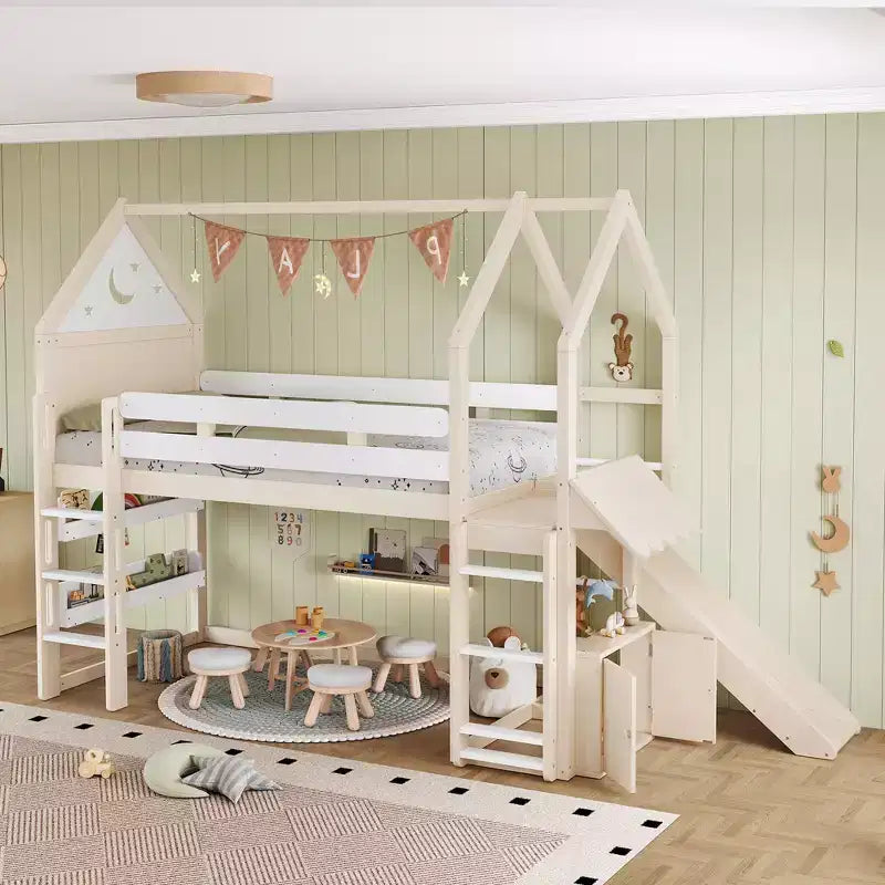 Bellemave House Loft Bed with Bookshelf and Slide,Solid Wood House Loft Bed Frame with Safety Rails and Playful Design for Kids