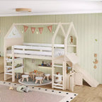 Bellemave House Loft Bed with Bookshelf and Slide,Solid Wood House Loft Bed Frame with Safety Rails and Playful Design for Kids