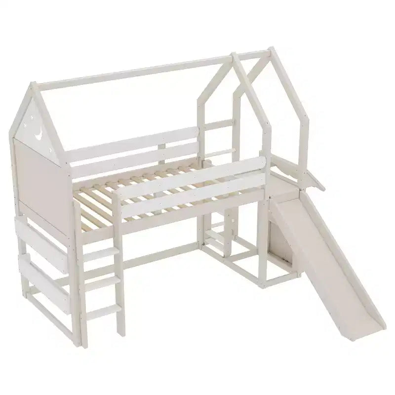 Bellemave House Loft Bed with Bookshelf and Slide,Solid Wood House Loft Bed Frame with Safety Rails and Playful Design for Kids