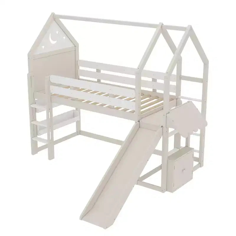 Bellemave House Loft Bed with Bookshelf and Slide,Solid Wood House Loft Bed Frame with Safety Rails and Playful Design for Kids