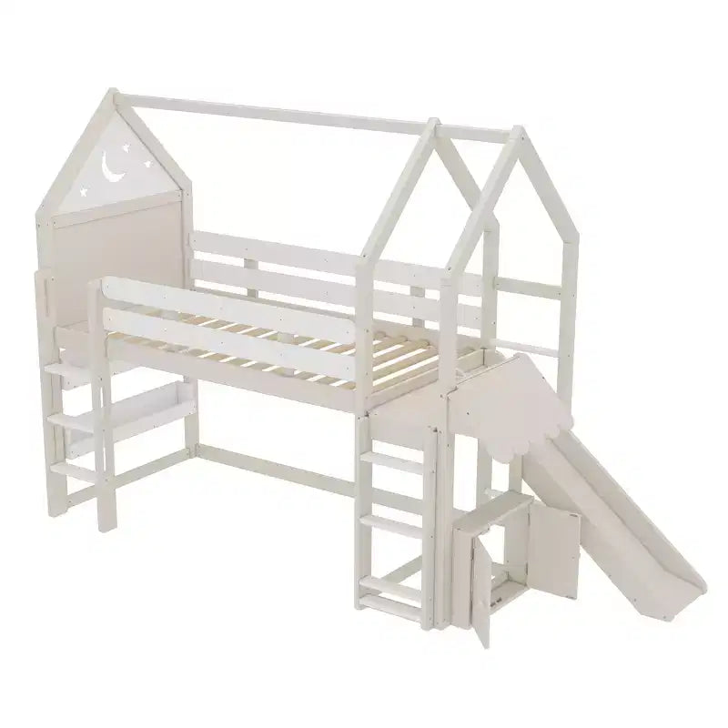 Bellemave House Loft Bed with Bookshelf and Slide,Solid Wood House Loft Bed Frame with Safety Rails and Playful Design for Kids