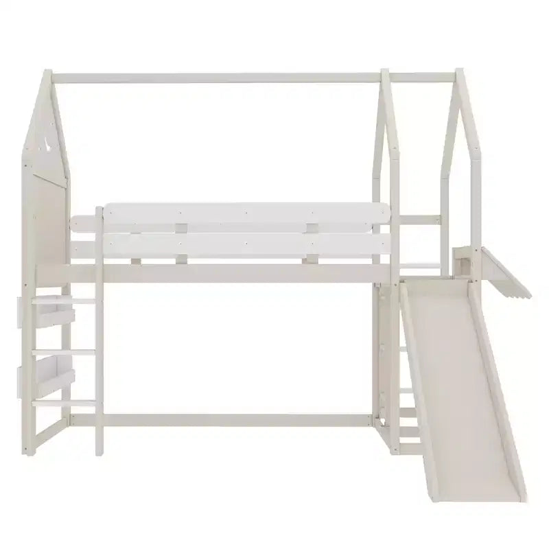 Bellemave House Loft Bed with Bookshelf and Slide,Solid Wood House Loft Bed Frame with Safety Rails and Playful Design for Kids