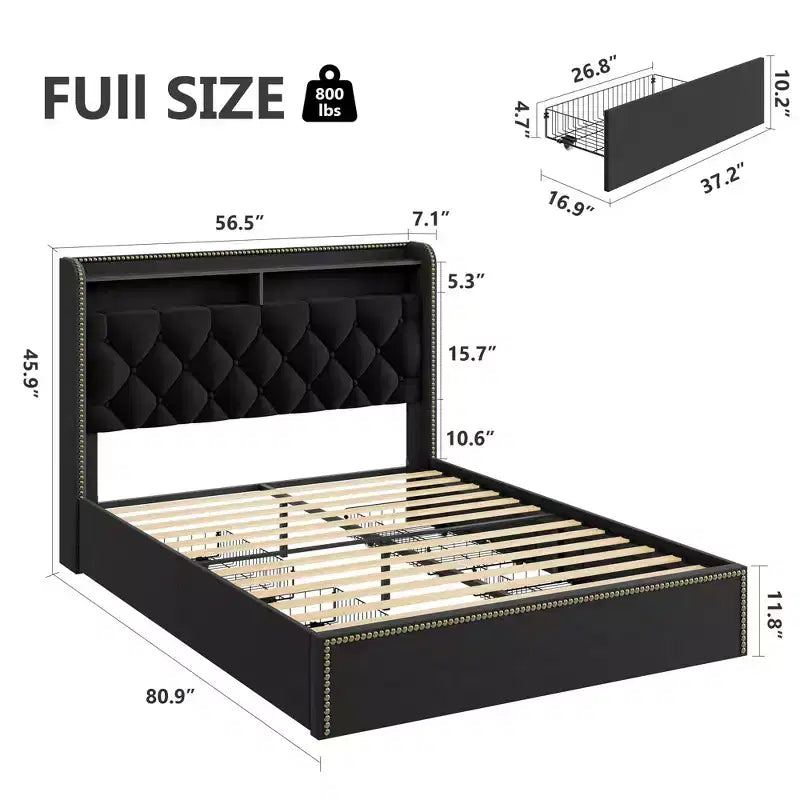 Full/Queen/King Upholstered Platform Bed Frame with 2-Tier Storage Headboard,Black Velvet Tufted Bed with 4 Drawers,Nailhead Trim, Sturdy Metal Frame