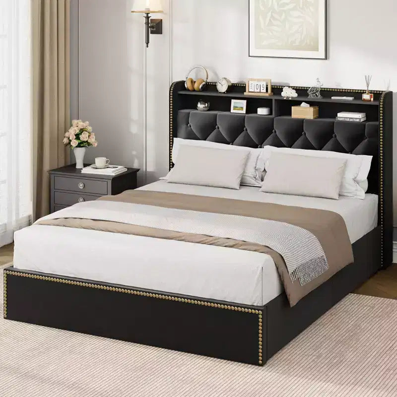 Full/Queen/King Upholstered Platform Bed Frame with 2-Tier Storage Headboard,Black Velvet Tufted Bed with 4 Drawers,Nailhead Trim, Sturdy Metal Frame