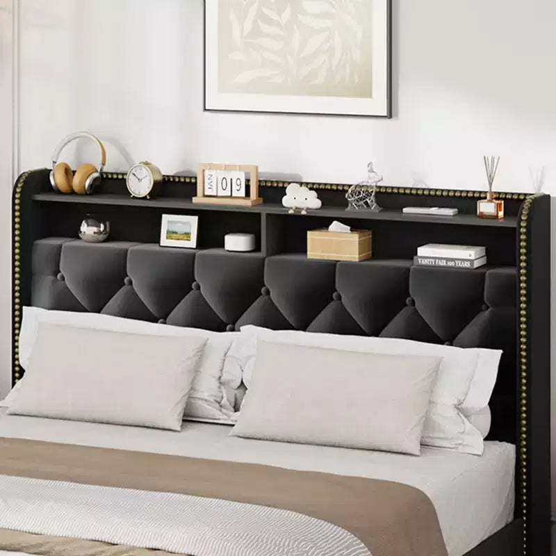Full/Queen/King Upholstered Platform Bed Frame with 2-Tier Storage Headboard,Black Velvet Tufted Bed with 4 Drawers,Nailhead Trim, Sturdy Metal Frame