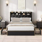 Full/Queen/King Upholstered Platform Bed Frame with 2-Tier Storage Headboard,Black Velvet Tufted Bed with 4 Drawers,Nailhead Trim, Sturdy Metal Frame